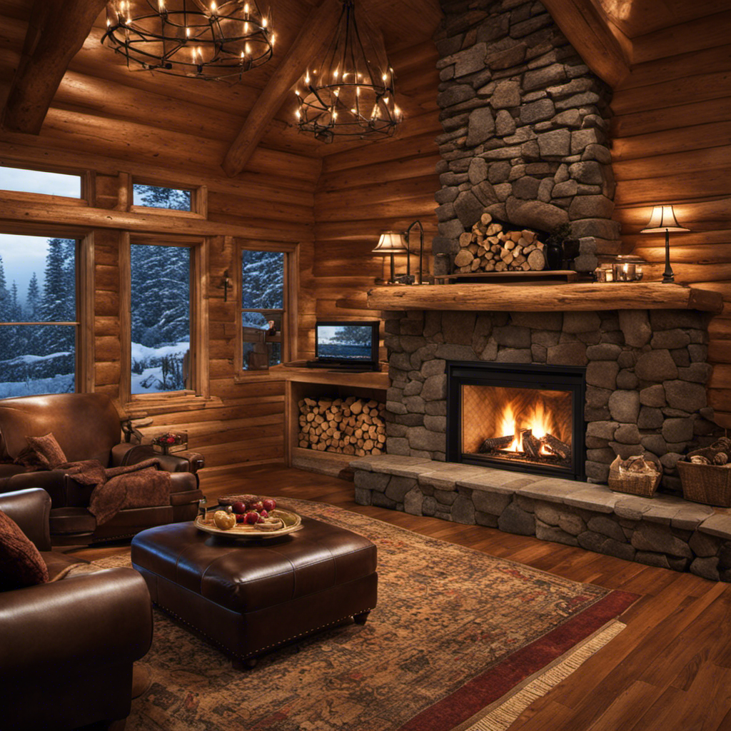 An image capturing the essence of a cozy cabin, with a fireplace adorned by crackling wood pellets emitting a gentle, lingering smolder smell
