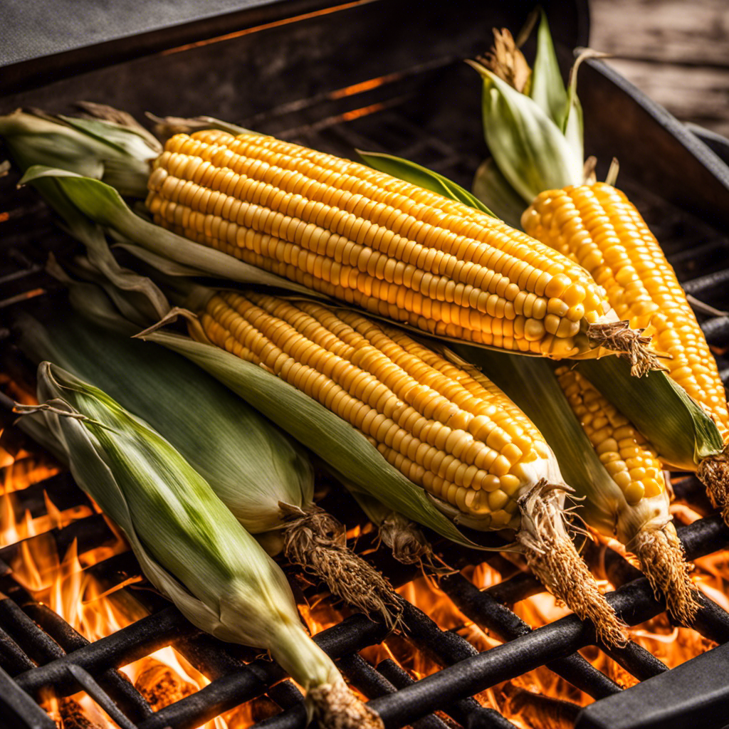 An image showcasing a succulent ear of corn sizzling on a wood pellet Traeger grill, its golden husk slightly charred, releasing a mouthwatering aroma, surrounded by wisps of flavorful smoke