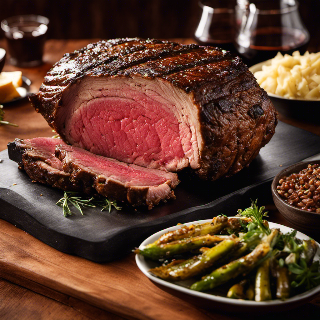 An image showcasing a sizzling 6-pound prime rib, perfectly seared on a wood pellet grill