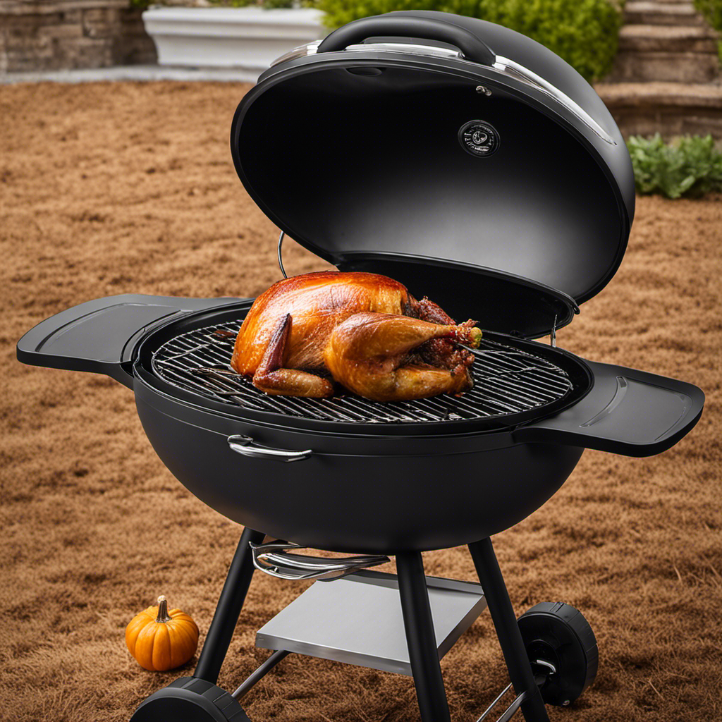 An image depicting a succulent 20-pound turkey sizzling on a wood pellet grill, enveloped in a flavorful smoky haze