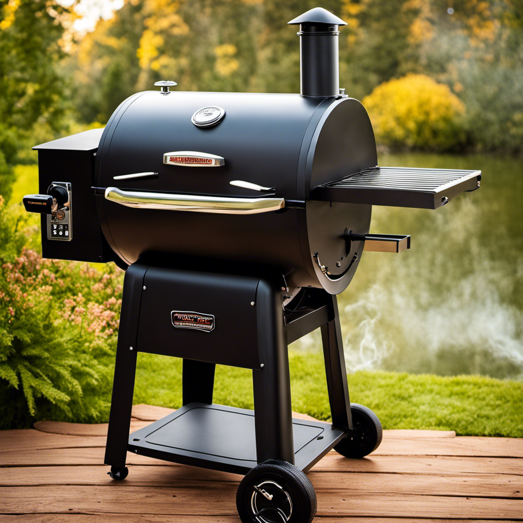 An image showcasing a wood pellet grill in action, emitting fragrant smoke while perfectly grilling a juicy steak