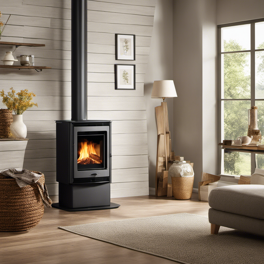 An image showcasing a well-maintained wood pellet stove in a cozy living room, emitting a warm and comforting glow