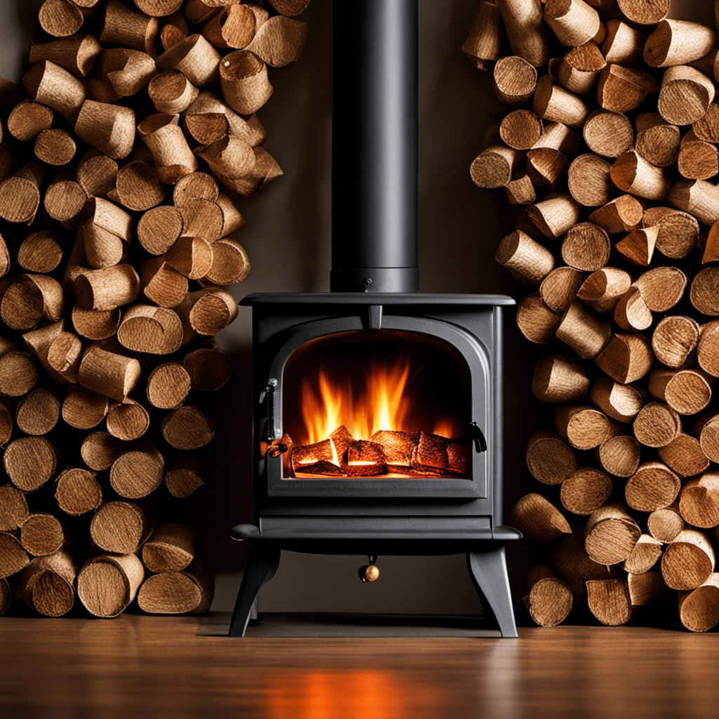 An image capturing the mesmerizing glow of a pellet stove's flame, surrounded by a stack of neatly arranged wood pellets slowly diminishing in height, illustrating the longevity of wood pellets as a fuel source