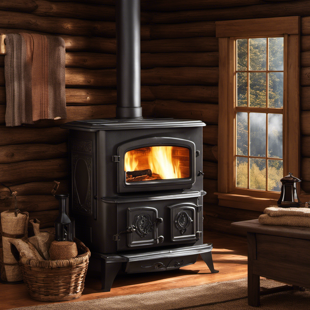 An image depicting a rustic wood stove, with wisps of smoke spiraling from the chimney, surrounded by a cozy cabin interior