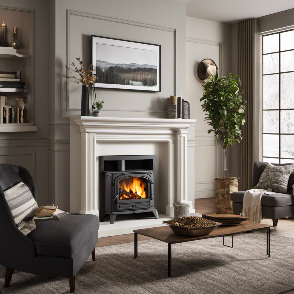 An image depicting a cozy living room with a crackling wood stove