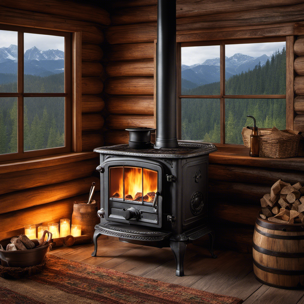 An image showcasing a weathered, rustic wood stove nestled in a cozy cabin interior