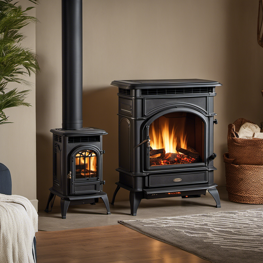 An image of a cozy living room with a Harman XXV Wood Pellet Stove as the focal point, emitting a warm and inviting glow