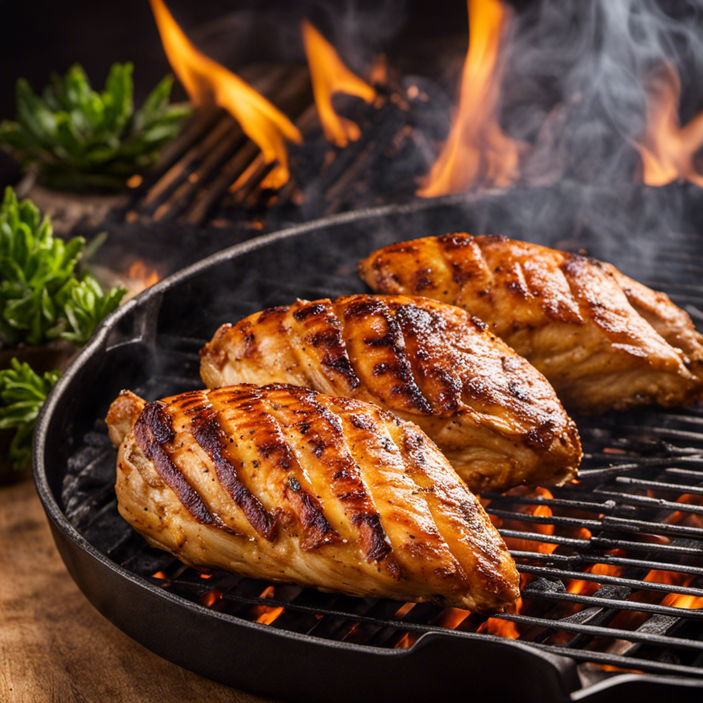 An image showcasing a succulent chicken breast sizzling on a wood pellet grill, emanating mouthwatering aromas