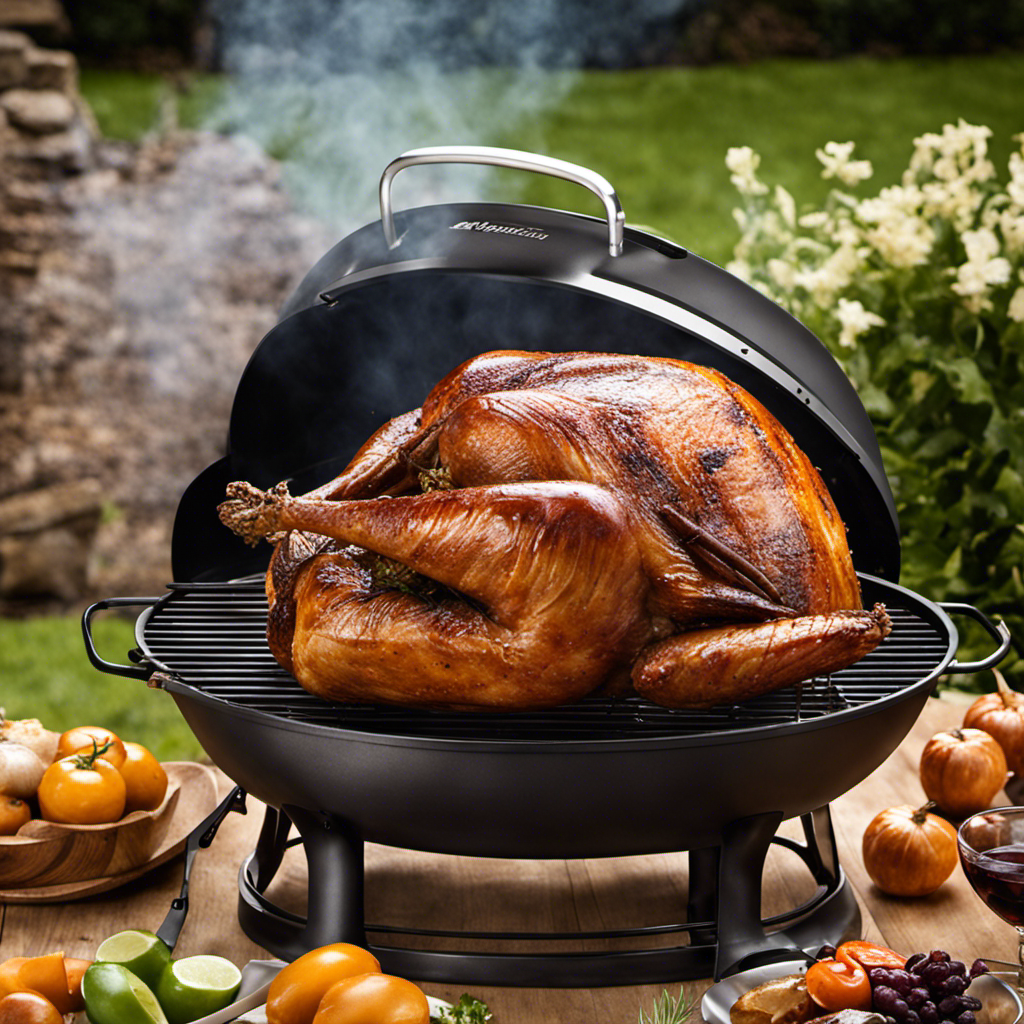An image showcasing a mouthwatering whole turkey, golden brown and glistening, perfectly smoked on a wood pellet grill
