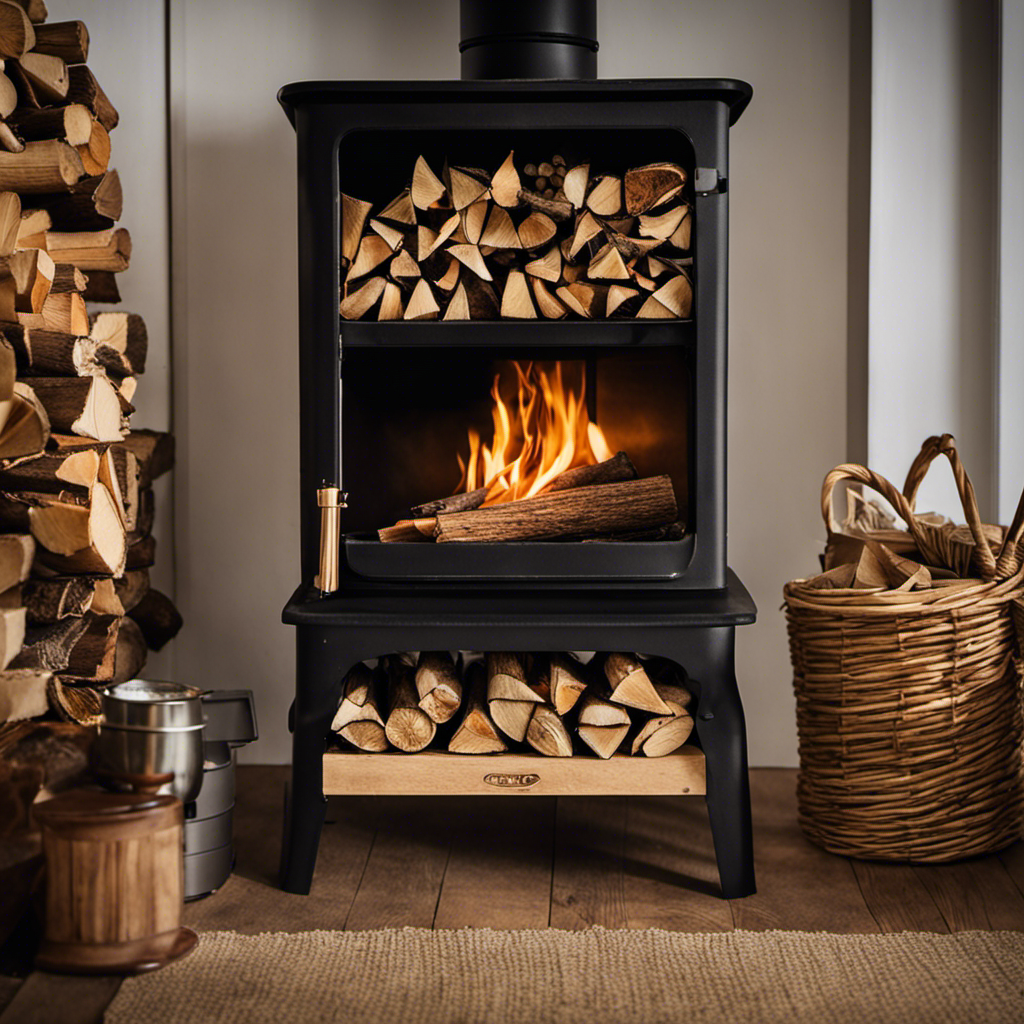 An image showcasing a bundle of freshly cut kindling arranged neatly next to a wood stove, with a timer placed nearby