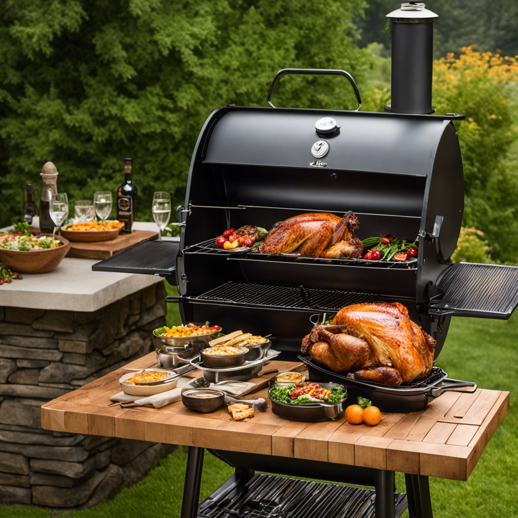 An image featuring a majestic 14 lb turkey beautifully browning on a wood pellet grill, surrounded by a gentle haze of flavorful smoke, evoking a mouthwatering aroma that epitomizes the perfect cooking time