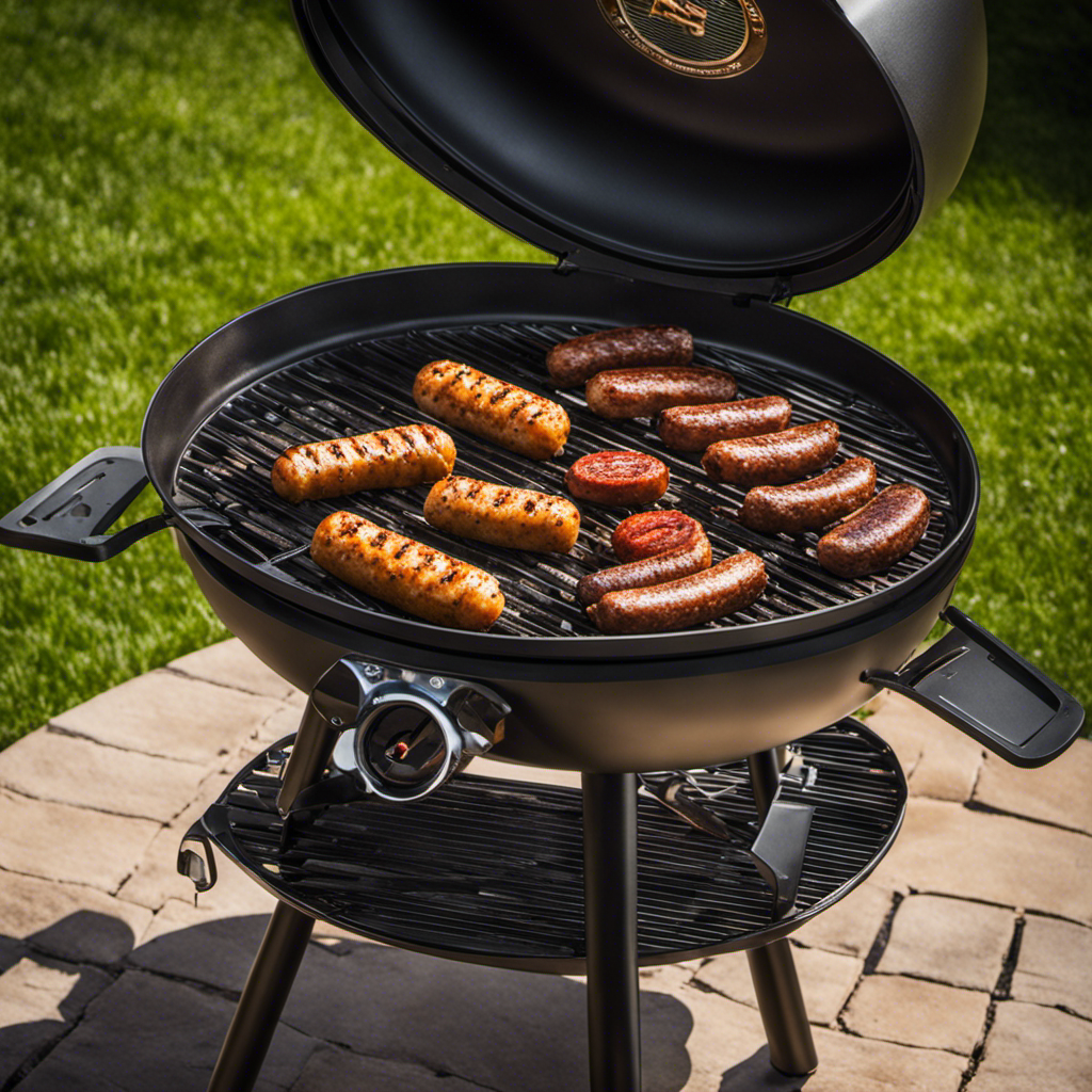 An image showcasing a wood pellet grill at a picturesque outdoor setting, with succulent bratwursts sizzling on the grates, emanating mouthwatering wisps of smoke, perfectly cooked to a golden brown perfection