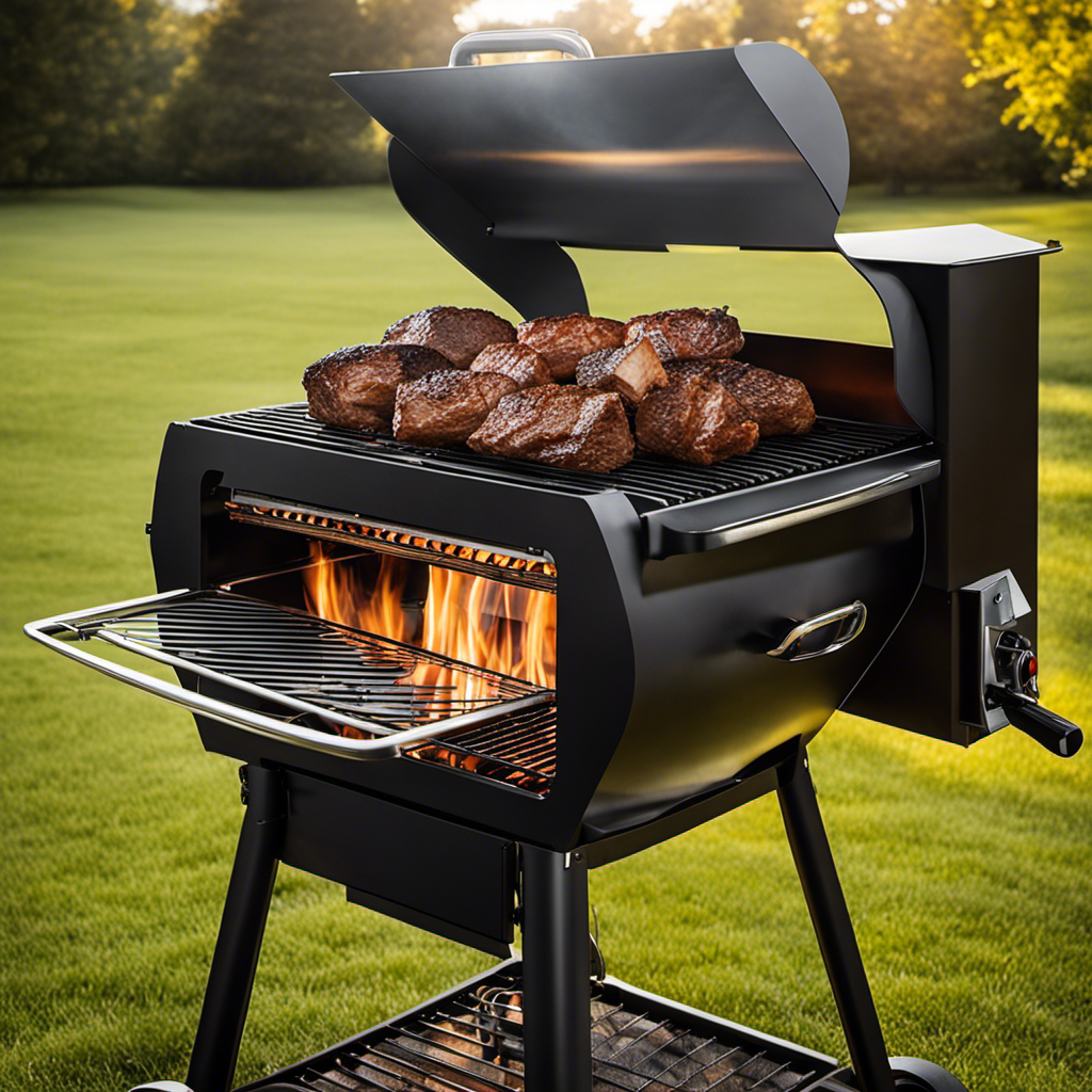 An image showcasing a sizzling wood pellet grill with a perfectly seared bottom round roast placed on its grates