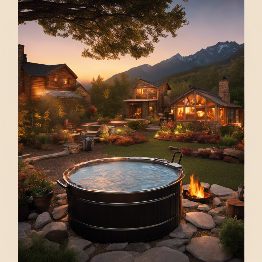An image that depicts a cozy backyard scene with a rustic wood-fired hot tub surrounded by crackling flames