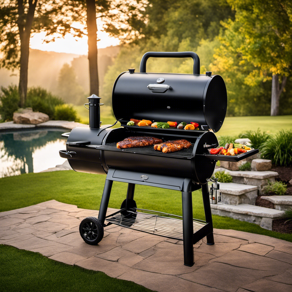 An image showcasing a wood pellet grill set against a scenic backyard backdrop