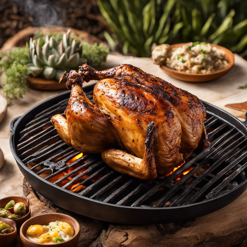An image capturing the tantalizing sight of a succulent split chicken, bronzed to perfection, nestled on a smoky wood pellet grill