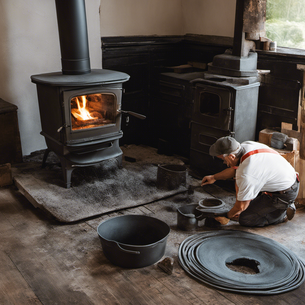An image capturing the transformation process of replacing worn wood stove gaskets with stove cement, showcasing meticulous hands gently removing the old gaskets, skillfully applying the cement, and patiently waiting for it to dry