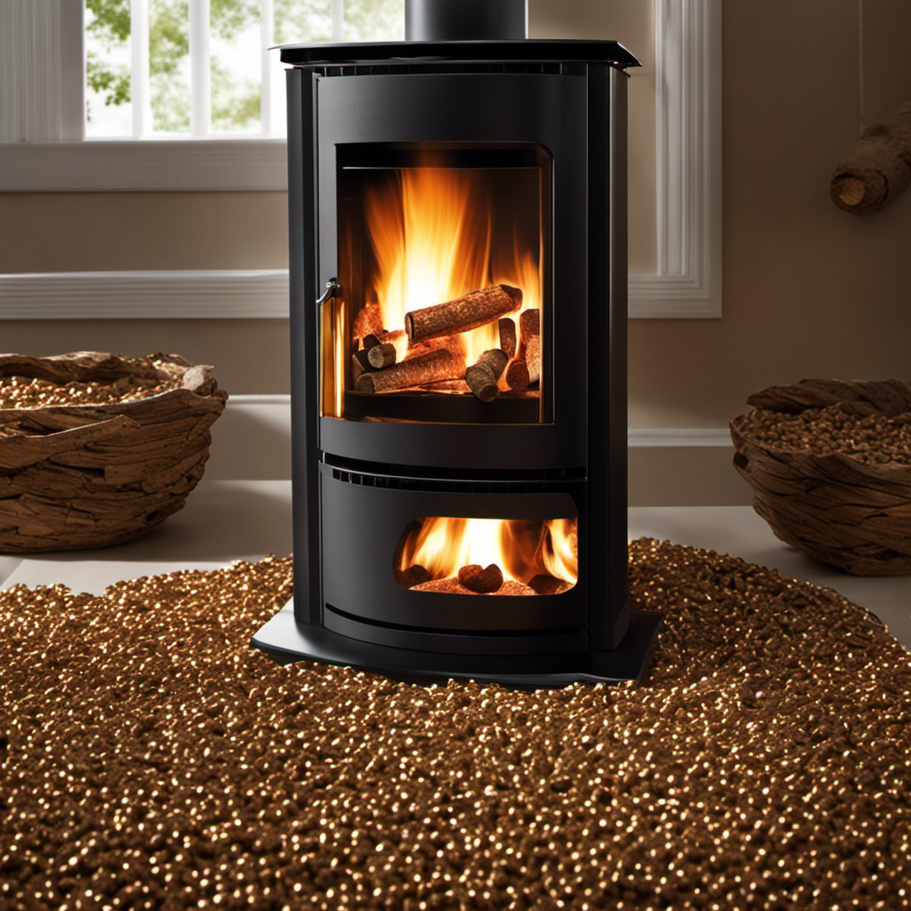 An image showcasing a blazing pellet stove with a stack of neatly arranged wood pellets beside it