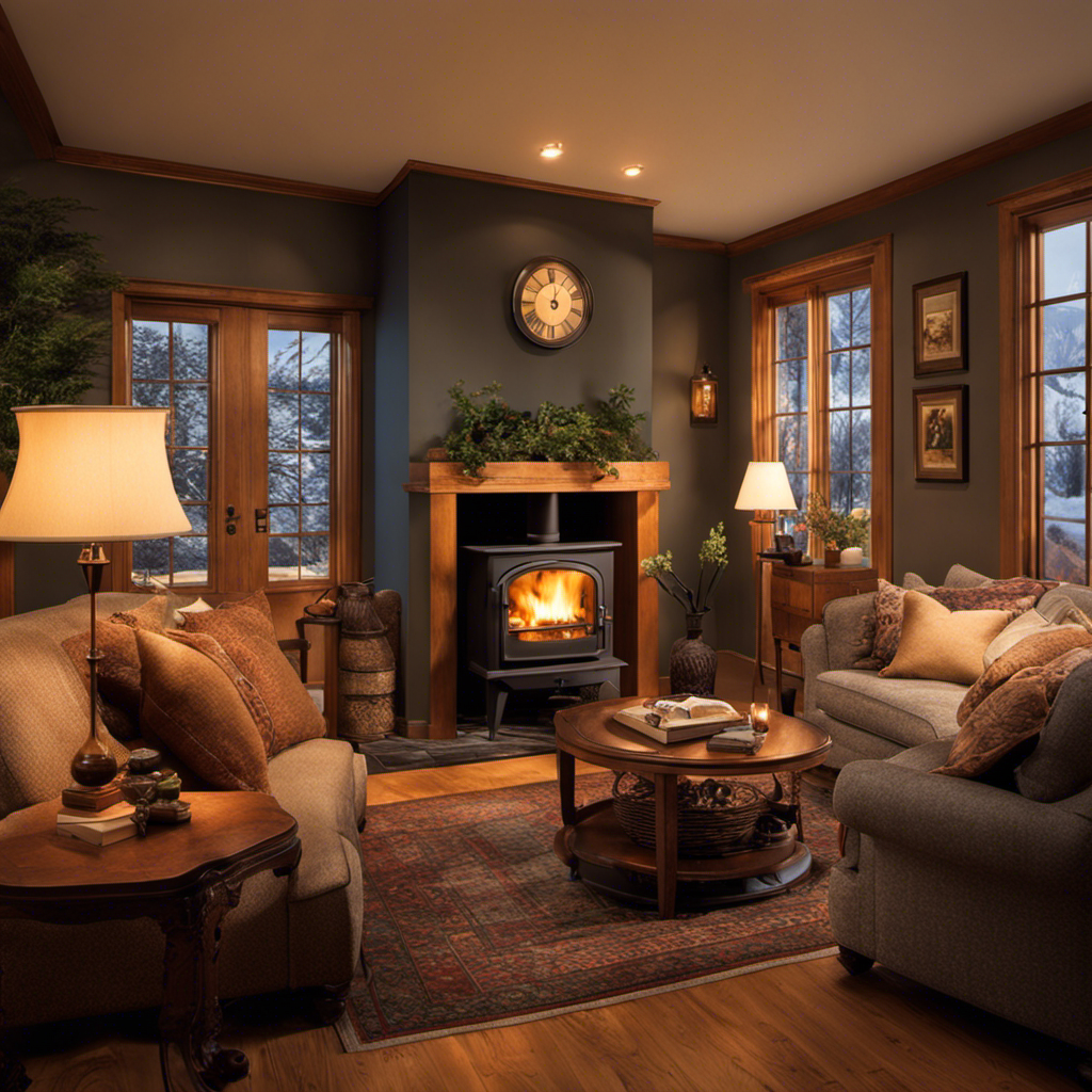 An image capturing a cozy living room with a small wood stove radiating a gentle, flickering flame