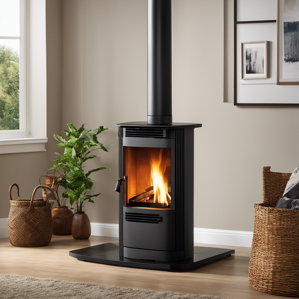 An image showcasing a cozy living room, with a wood pellet stove radiating a warm, inviting glow