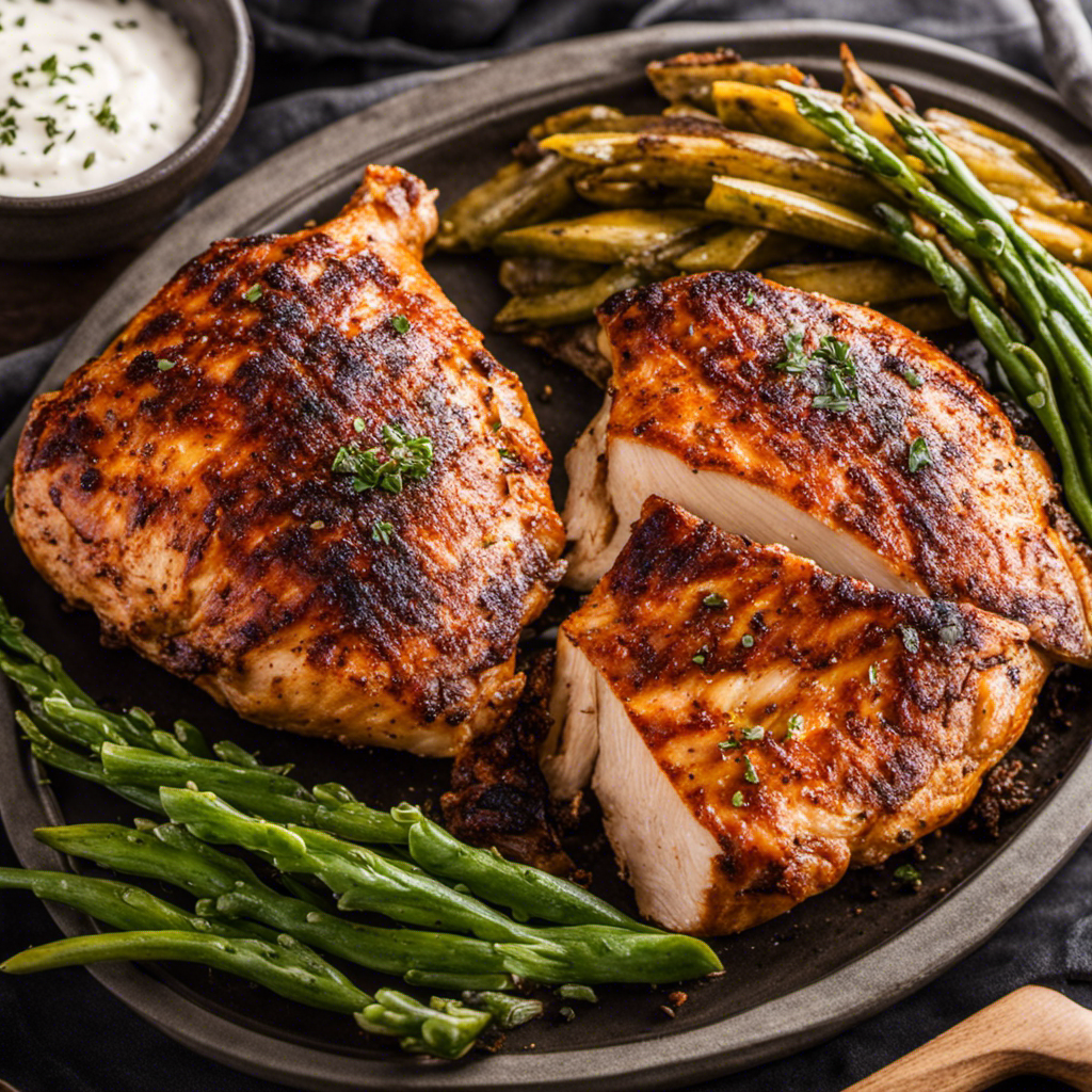 An image showcasing a succulent split chicken breast sizzling on a wood pellet smoker, emanating aromatic wisps of hickory smoke as it cooks to perfection, enticing readers to explore the cooking time on your blog post