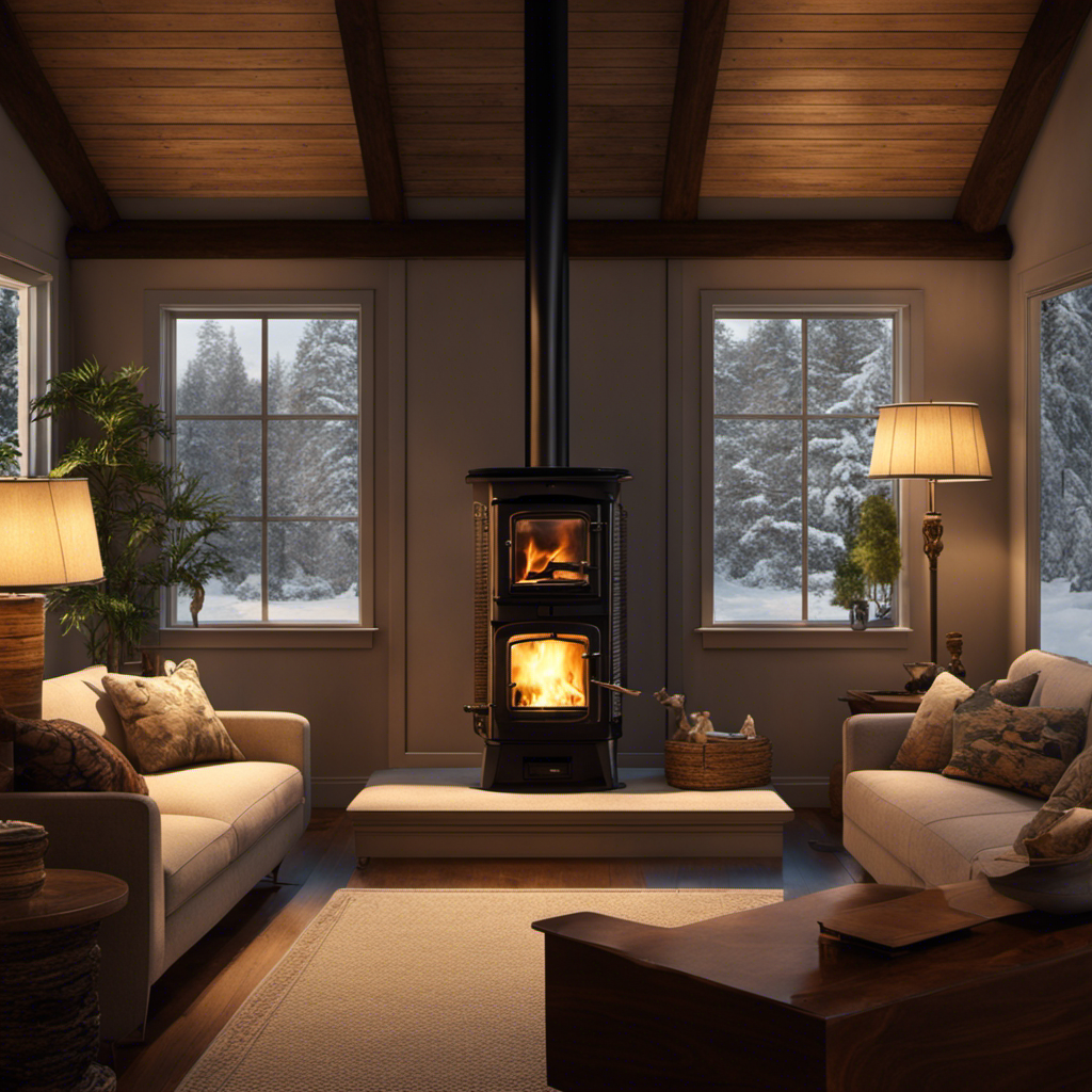 An image showcasing a cozy living room with a roaring wood stove at its center