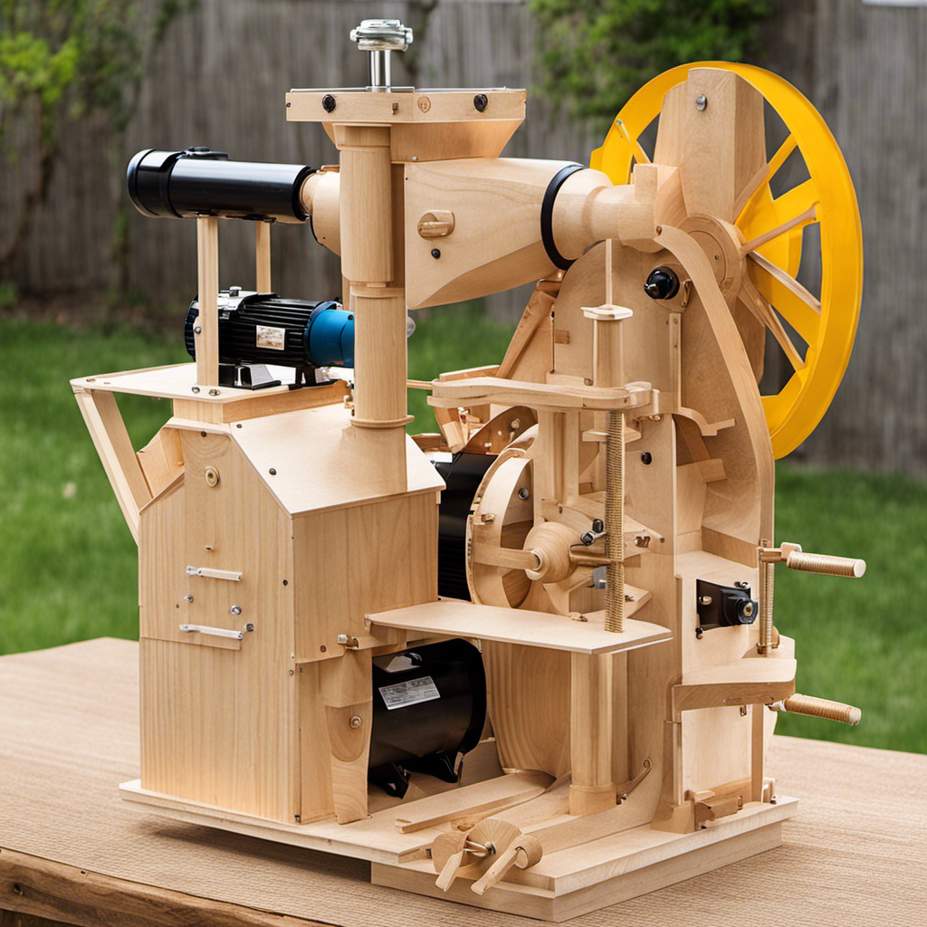 An image showcasing a DIY wood pellet mill in action: a sturdy wooden structure with a rotating mechanism powered by a motor, transforming raw wood materials into perfectly compressed pellets, ready for use