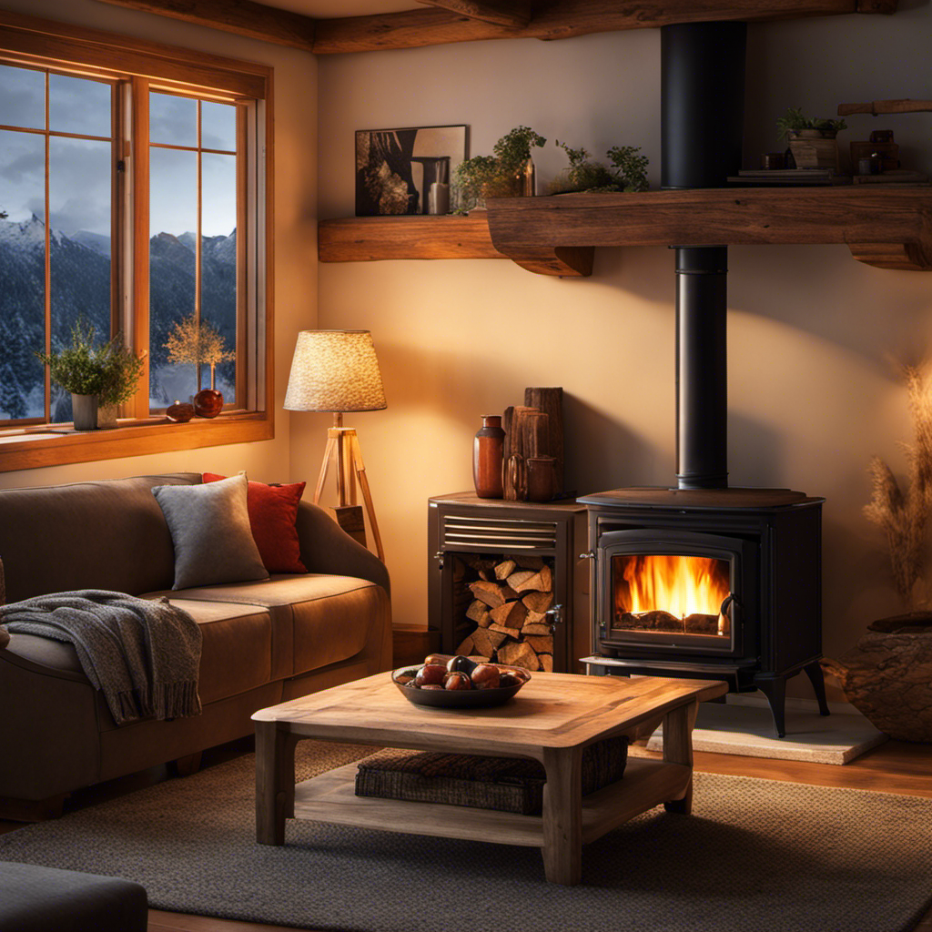 An image showcasing a cozy living room with a wood stove at its heart, emanating a warm and vibrant glow