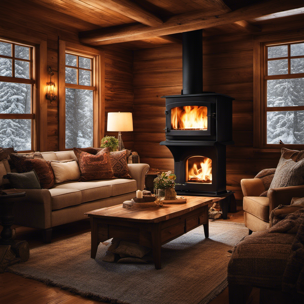 An image showcasing a cozy living room with a roaring wood stove at its center, emitting a radiant warmth that envelops the space