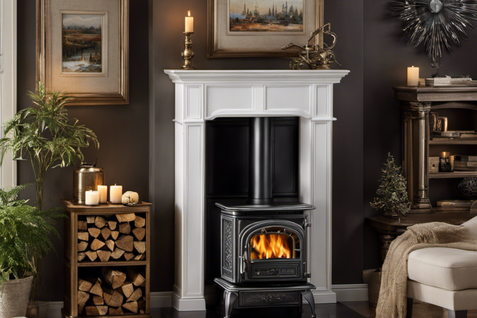 An image capturing a cozy living room with a wood stove adorned with multiple elbows, showcasing its intricate design