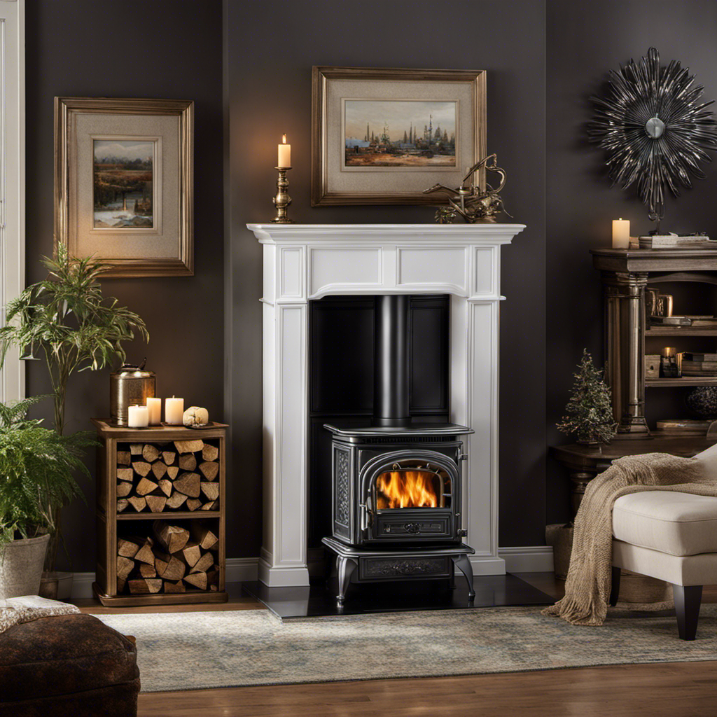 An image capturing a cozy living room with a wood stove adorned with multiple elbows, showcasing its intricate design