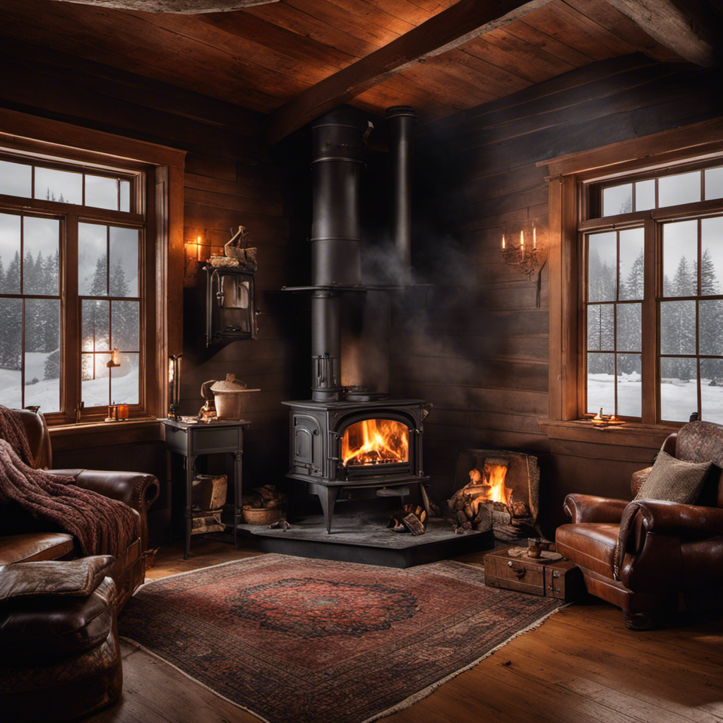 An image showcasing a cozy living room with a crackling wood stove in the corner
