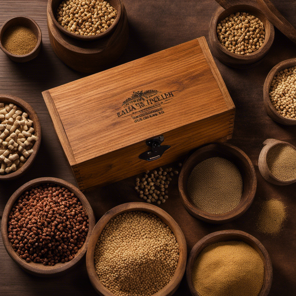 An image showcasing a rustic wooden box filled with precisely stacked wood pellets, accompanied by a digital scale displaying the weight in pounds