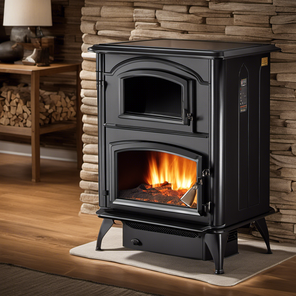 An image showcasing a wood pellet stove in action, emitting a warm, cozy glow as it efficiently burns pellets