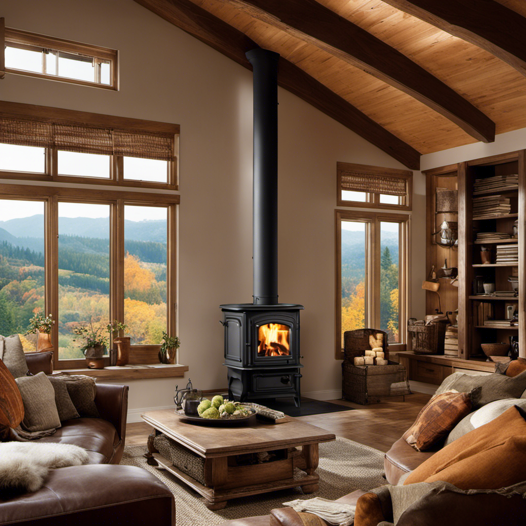 An image showcasing a wood stove installed in a cozy living room, highlighting the perfect clearances between the stove and the ceiling