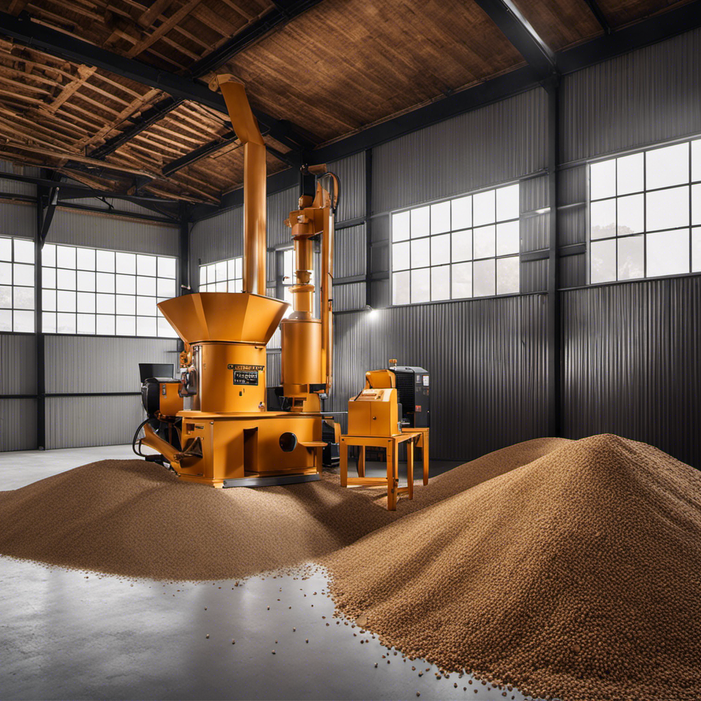 An image depicting a spacious workshop bathed in natural light, showcasing a sturdy wood pellet machine