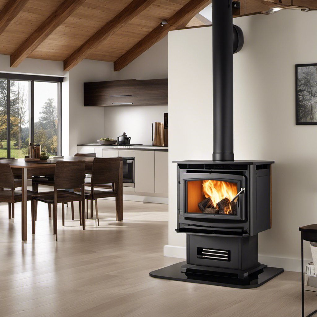 An image showcasing a wood pellet stove, surrounded by a 36-inch clearance on all sides