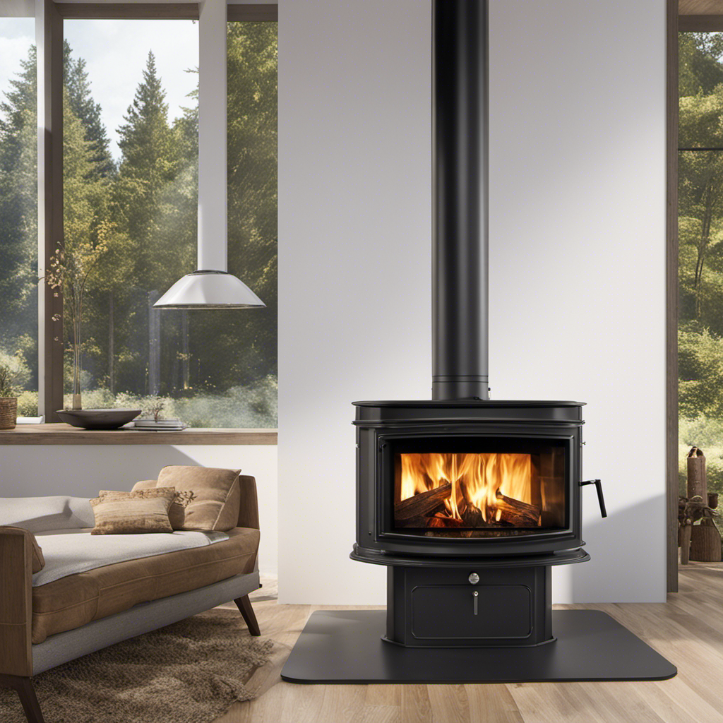 An image showing a wood stove placed in a room, surrounded by a clear space of at least 36 inches on all sides