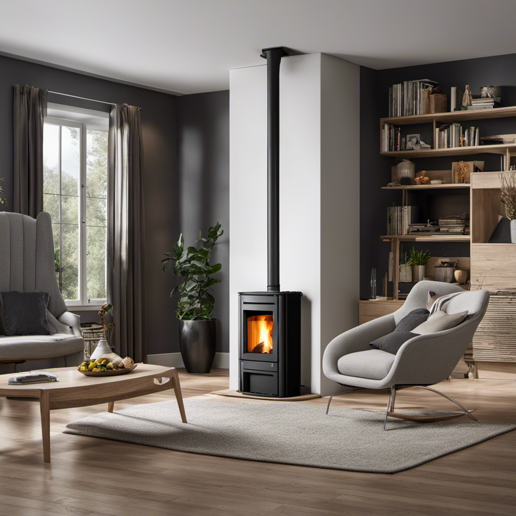 An image showcasing a cozy living room with a Kedel wood pellet furnace installed, displaying its sleek design and integrated controls