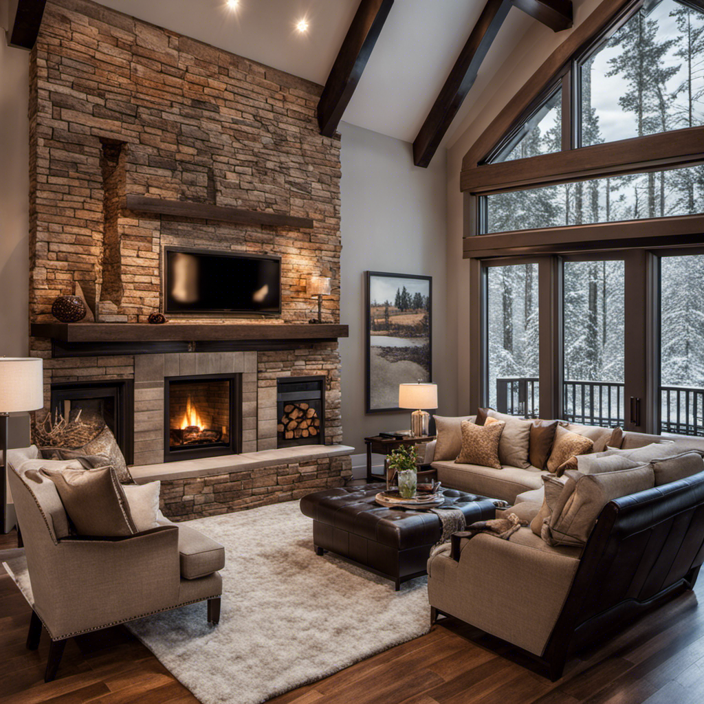 An image showcasing a cozy living room adorned with a stunning fireplace featuring a sleek wood stove insert