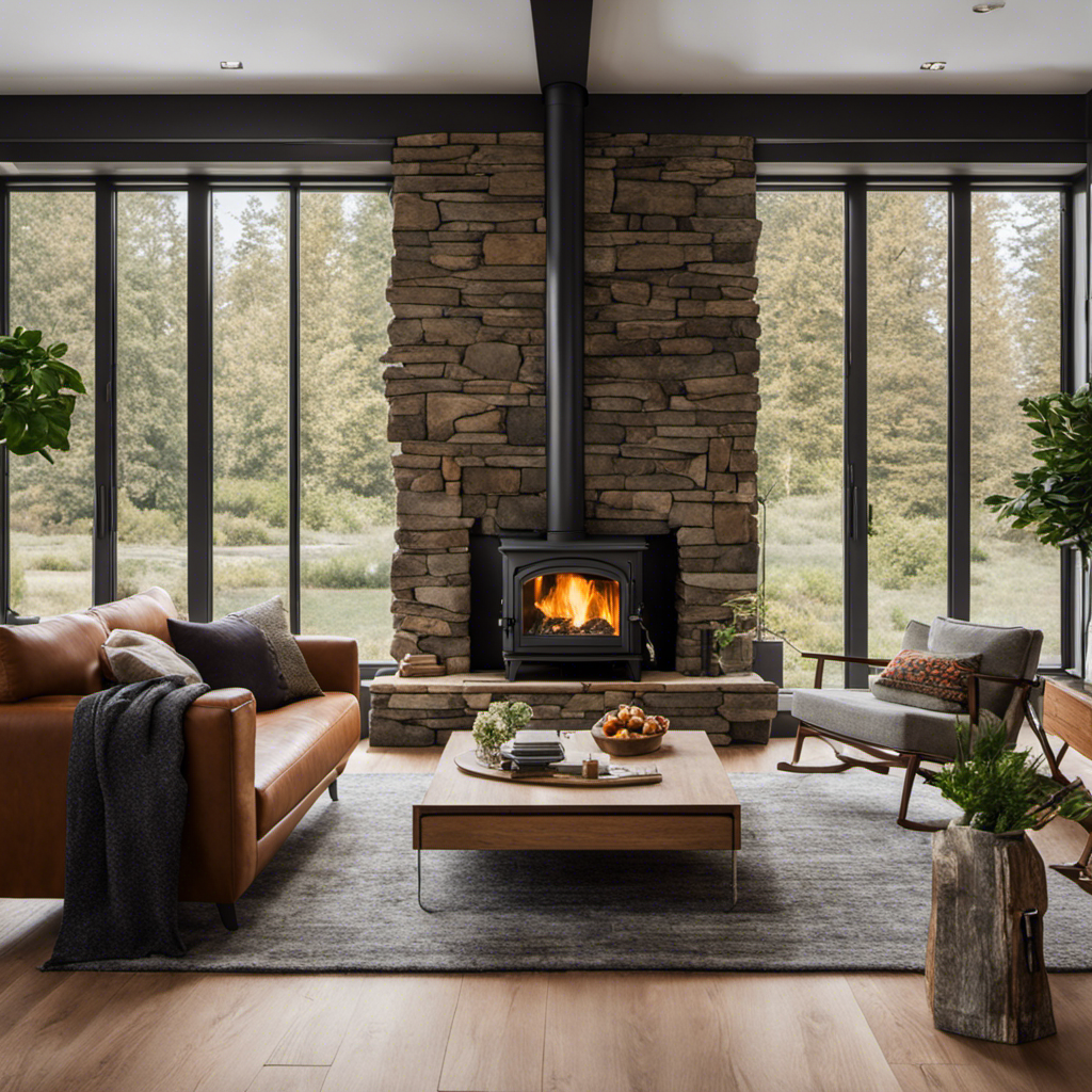 An image of a cozy living room with a crackling wood stove as the focal point