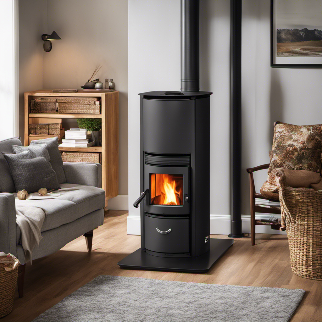 An image showcasing a wood pellet stove in a cozy living room, where outside air is being drawn in through a dedicated intake pipe, demonstrating the increased heat output and efficiency of the stove
