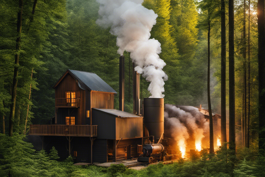 An image showcasing a massive wood pellet plant, surrounded by a lush forest
