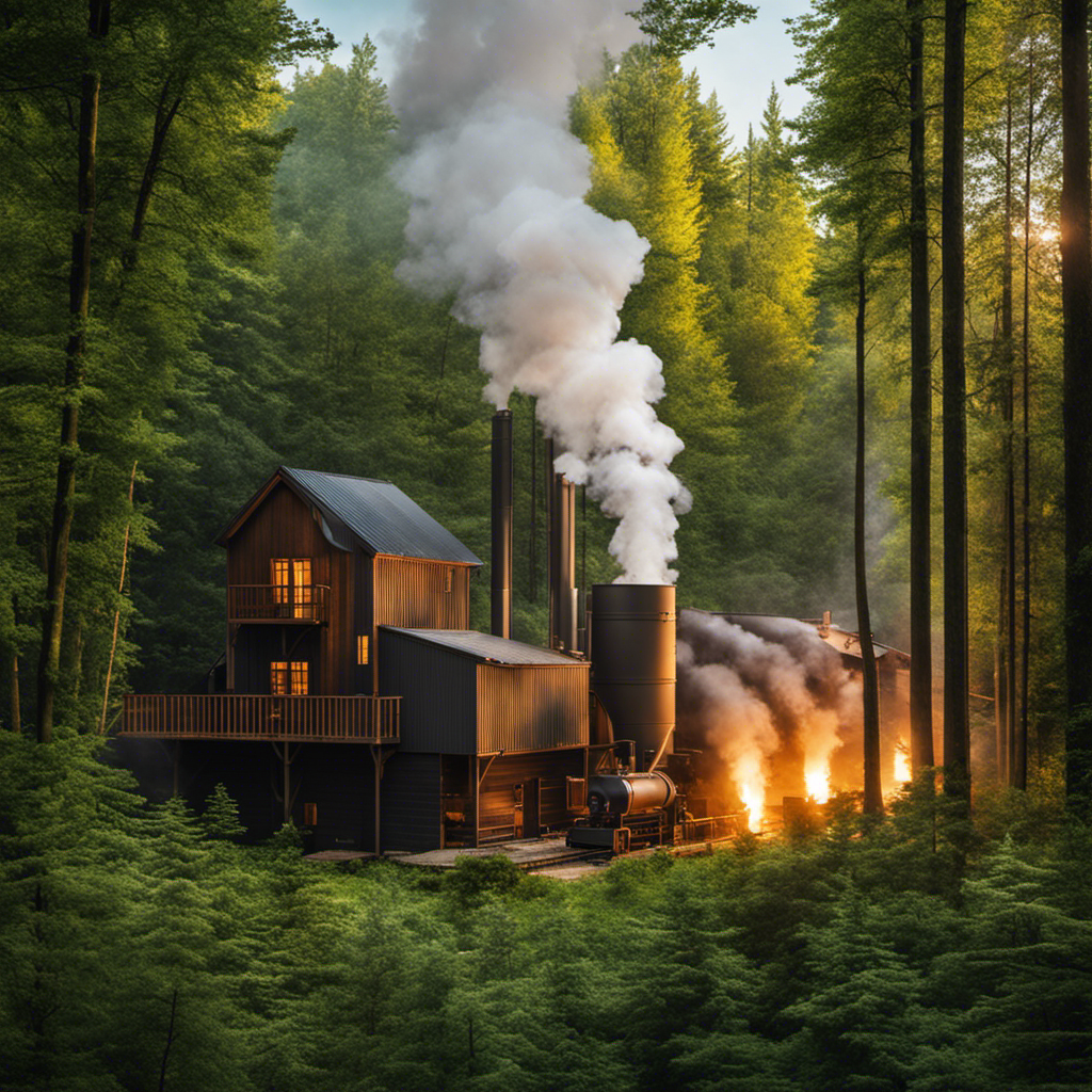 An image showcasing a massive wood pellet plant, surrounded by a lush forest
