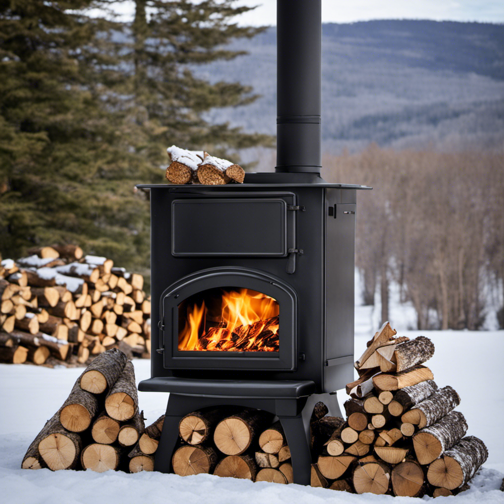 An image showcasing an outdoor wood stove surrounded by neatly stacked firewood, emanating warmth and crackling flames