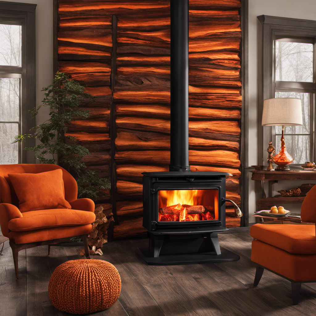 An image that showcases the intense warmth emitted by a wood stove, with vivid orange and red hues dancing from the fiery logs, casting a cozy glow that envelops the room in a comforting embrace