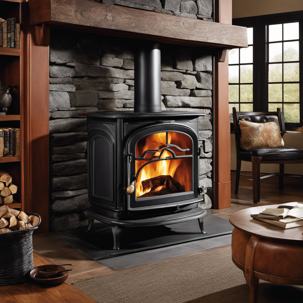 An image capturing the rustic charm of a Discovery 2400 wood stove, showcasing its intricate cast-iron construction, elegant arches, and stylish black finish, surrounded by a cozy living room setting with a blazing fire