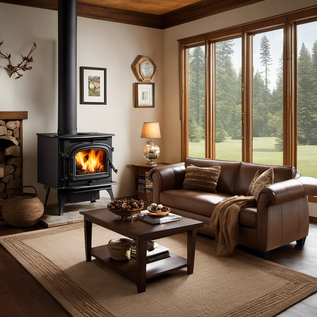 An image showcasing a cozy living room with a Marine Wood Stove Insert as the focal point