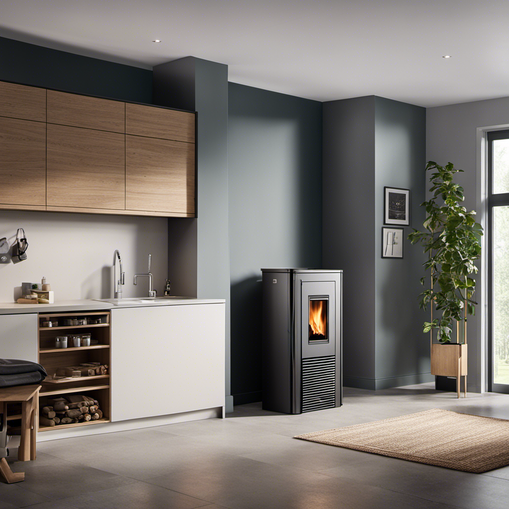 An image showcasing a modern house with a spacious utility room, featuring a sleek, high-efficiency wood pellet boiler and water heater combo