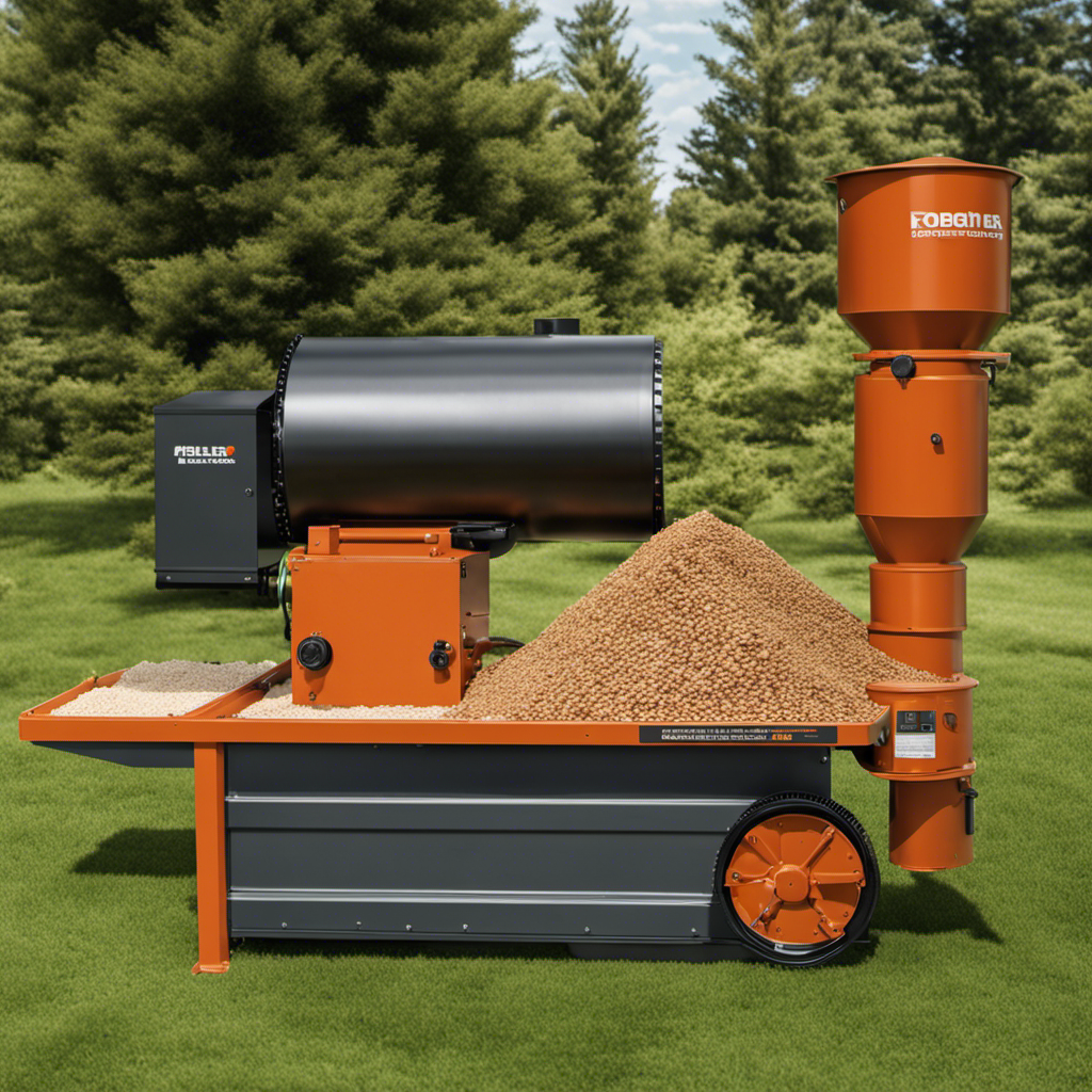 An image showcasing a sturdy, rust-resistant wood pellet machine in action, effortlessly transforming raw wood into neat, cylindrical pellets